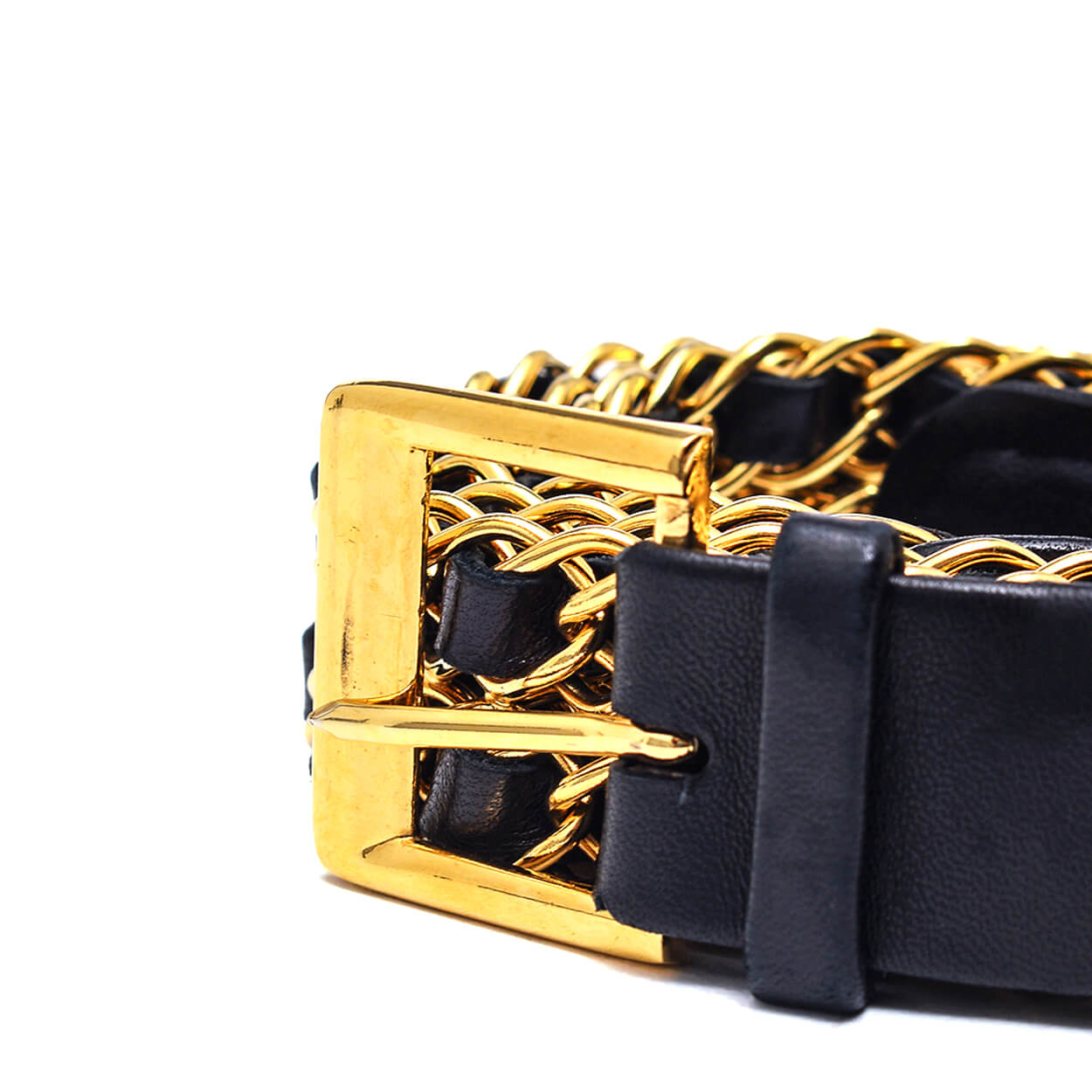 Chanel - Vintage Black Leather & Gold Chain Regular Belt 85/34 - 91cm